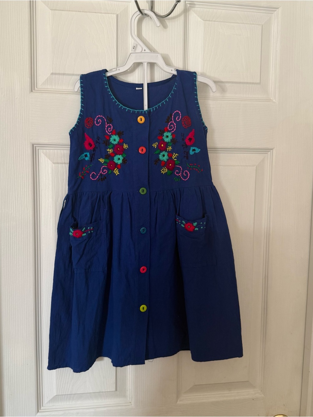 Source Unknown Navy Embroidered Button-Front Dress with Multicolor Accents